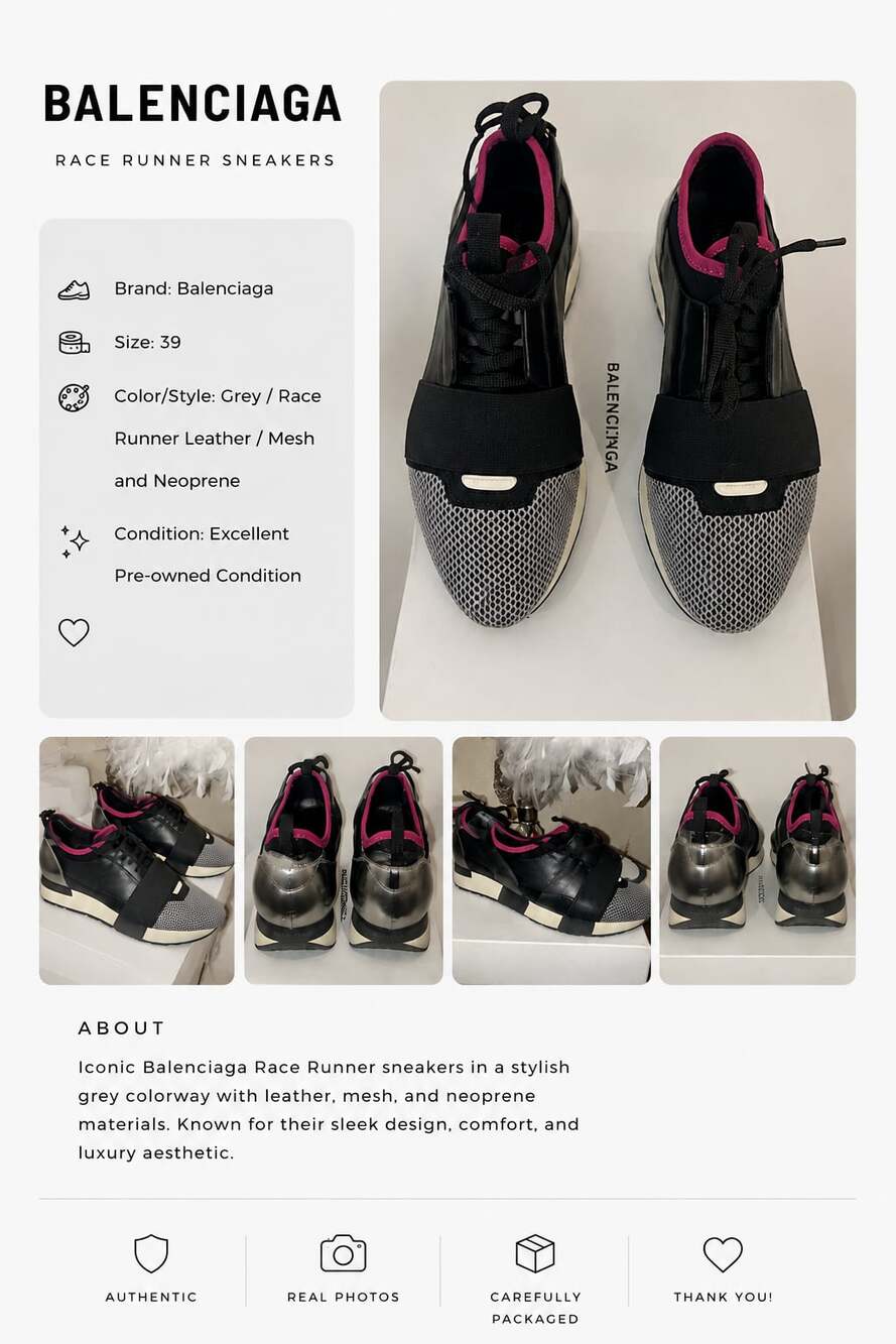 Balenciaga Race Runner Leather Mesh and Neoprene Sneakers Grey Black Magenta Siz